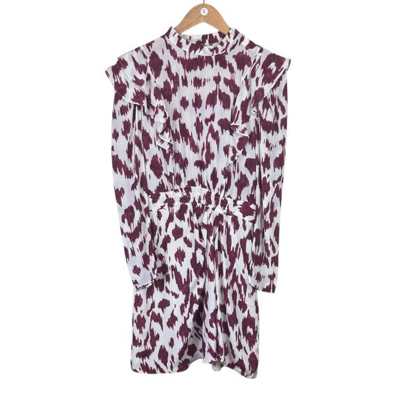 Isabel Marant Etoile 38 White Maroon Tie Dye 100% Silk Long Sleeve Ruffle Dress - Picture 9 of 13